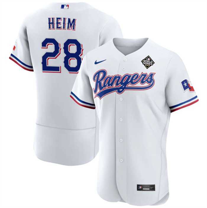 Men's Texas Rangers #28 Jonah Heim White 2023 World Series Flex Base Stitched Baseball Jersey Dzhi